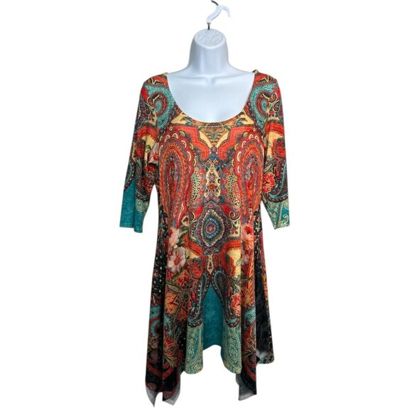 Amma Design Art To Wear Tunic Top Womens Artsy Floral Paisley Print Boho USA SzL - Picture 1 of 9